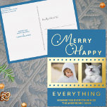 Merry Happy Stylish 2 Photo Word Art Blue Gold Foil Holiday Postcard<br><div class="desc">Personalise these stylish Merry Happy Everything Christmas postcards in dark blue with your photos and real gold foil printing. Appropriate for Hanukkah or interfaith families who celebrate both (Chrismukkah) as well, these dark blue personalised holiday postcards with gold foil accents are simple to customise. Just add your photos using the...</div>