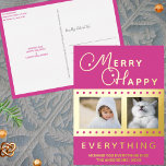 Merry Happy Stylish 2 Photo Word Art Pink Gold Foil Holiday Postcard<br><div class="desc">Personalise these stylish Merry Happy Everything Christmas postcards in dark pink with your photos and real gold foil printing. Appropriate for Hanukkah or interfaith families who celebrate both (Chrismukkah) as well, these dark pink personalised holiday postcards with gold foil accents are simple to customise. Just add your photos using the...</div>