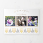 Merry Happy Tan Elegant Interfaith 5 Photo Tri-Fold Holiday Card<br><div class="desc">Create your own 5 photo tri-fold holiday cards with this modern elegant Merry Happy Everything interfaith design. The horizontal design features three of your favorite pictures on the front, each bordered with a thin tan frame. Matching tan text in modern mixed fonts at the top is balanced by a row...</div>