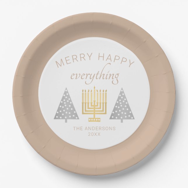 Merry Happy Tan Holiday Interfaith Party Paper Plate (Front)