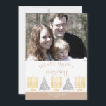 Merry Happy Tan Stylish Add Your Photo Holiday Card<br><div class="desc">Add your photo to these stylish holiday cards in tan and white with a modern interfaith gold Menorah and silver tree design. The photo template makes uploading your picture super easy, then add your name in white to the soft tan border on the bottom. Arched toasted almond text MERRY HAPPY...</div>