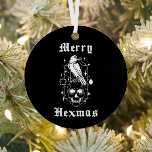 Merry Hexmas Witch Skull Spooky Witchcraft Metal Tree Decoration