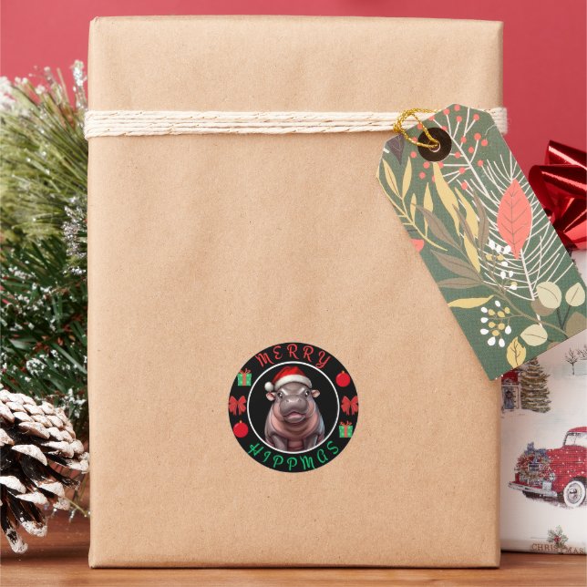 Merry Hippmas: Moo Deng Christmas Design Classic Round Sticker (Holiday)