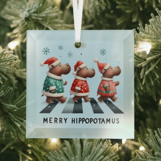 Merry Hippopotamus Glass Tree Decoration (Insitu)