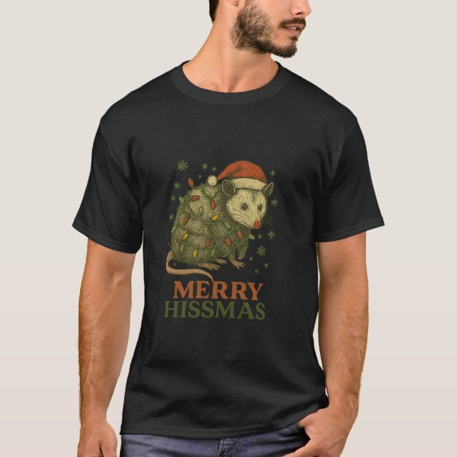 Merry Hissmas Possum Santa Hat Xmas Light Men Wome T-Shirt (Front)