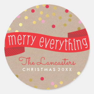 MERRY HOLIDAY BANNER stylish gold confetti kraft Classic Round Sticker