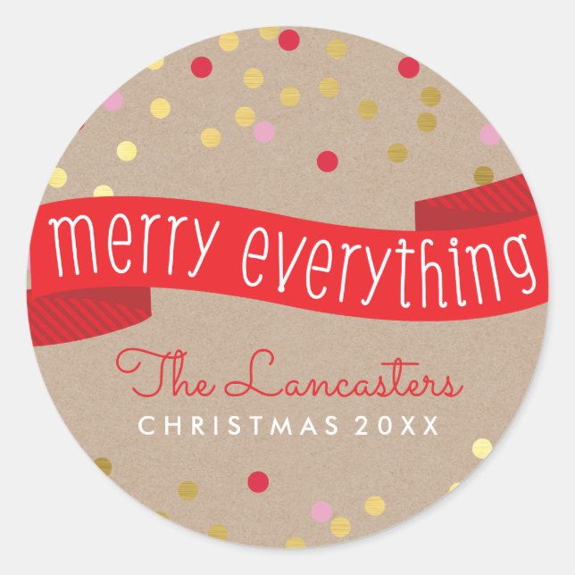 MERRY HOLIDAY BANNER stylish gold confetti kraft Classic Round Sticker (Front)