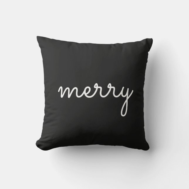 Merry Holiday Black White Script Minimalist Modern Cushion (Front)