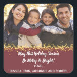 Merry Holiday Christmas Cheer Family Photo Gold Square Sticker<br><div class="desc">Wish all your family and friends a holiday greeting this Christmas, New Years, Hanukah and Kwanzaa Add your favourite photo to create your own customised sticker. Place sticker on gifts, invite envelopes and greeting card envelopes. Monogram with your family name. Design includes gold sparkle overlay to highlight your own photo....</div>