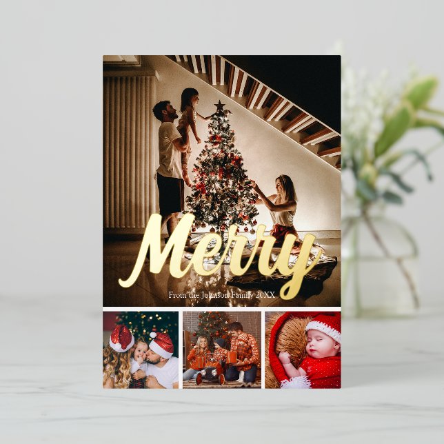 Merry holiday photo collage gold text  (Standing Front)