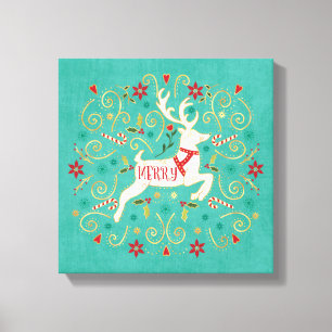 Merry Holiday Teal Reindeer Canvas Print