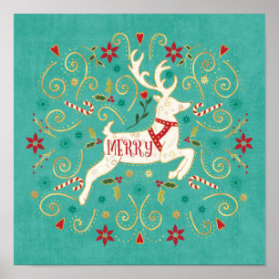 Merry Holiday Teal Reindeer Poster