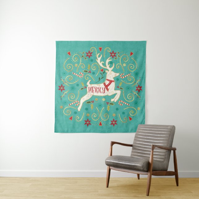 Merry Holiday Teal Reindeer Tapestry (In Situ (Horizontal))