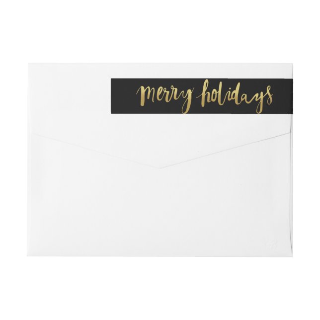 Merry Holidays Elegant Gold Script Custom Black Wrap Around Label (Back)