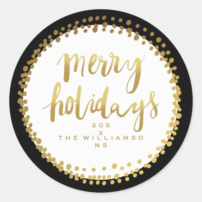Merry Holidays Trendy Gold Script Custom Black Classic Round Sticker (Front)