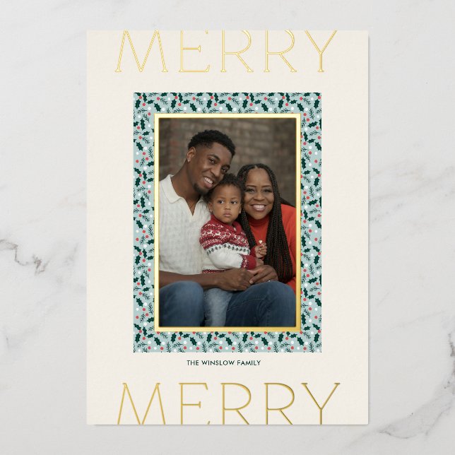 Merry Holly Days Holiday Photo Card (Gold) (Front)
