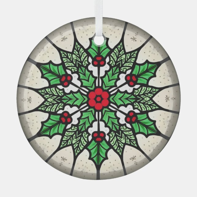 Merry Holly Glass Round Ornament (Front)