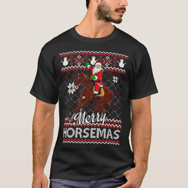 Merry Horsemas Santa Claus Riding Horse Ugly Chris T-Shirt (Front)