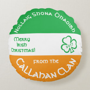 Merry Irish Gaelic Christmas Flag of Ireland  Round Cushion