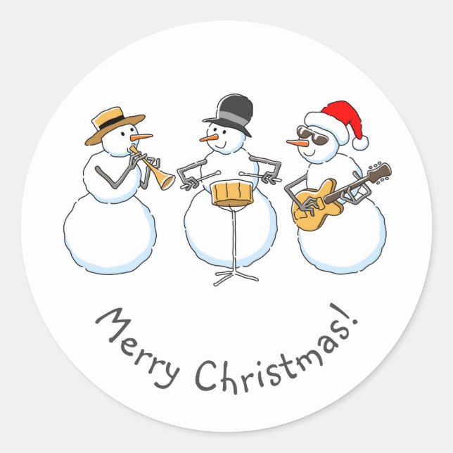 Merry Jazzy Christmas Snowman Funny Jazzband Classic Round Sticker (Front)