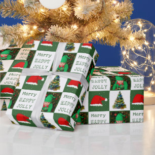 Merry Jolly Christmas Tree Santa Hat Family Photo Wrapping Paper