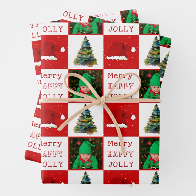 Merry Jolly Christmas Tree Santa Hat Family Photo Wrapping Paper Sheet (In situ)