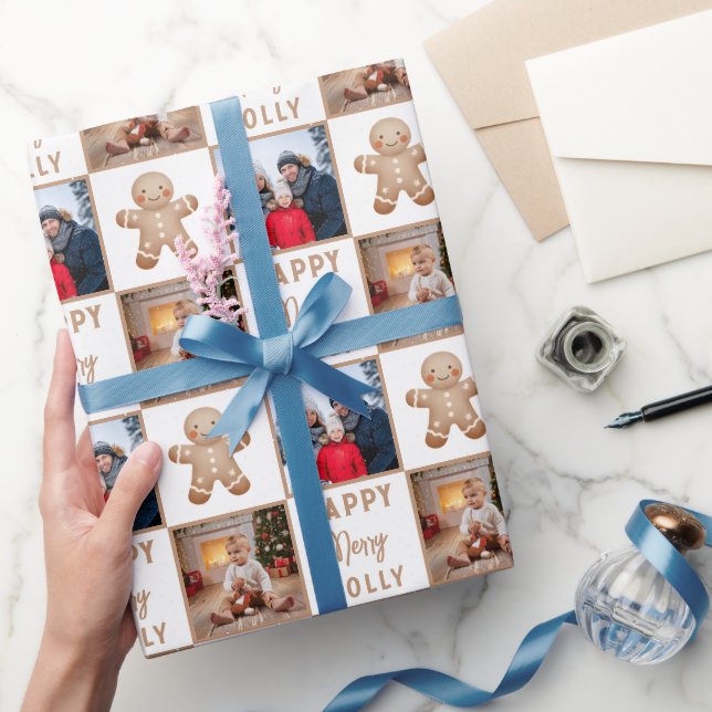 Merry Jolly Gingerbread Family 2 Photo Christmas Wrapping Paper (Gifting)