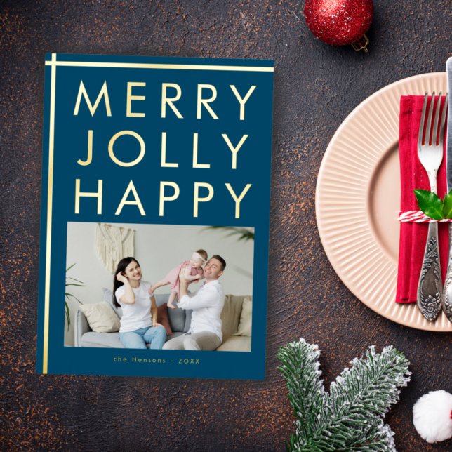 Merry Jolly Happy Blue Family Photo Christmas Gold Foil Holiday Card (Creator Uploaded)