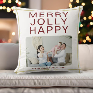 Merry Jolly Happy Custom Family Photo Holiday Cushion