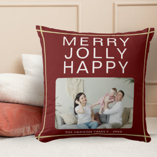 Merry Jolly Happy Custom Family Photo Red Holiday Cushion