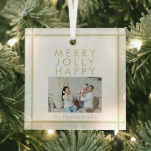 Merry Jolly Happy Family Photo Christmas  Glass Tree Decoration
