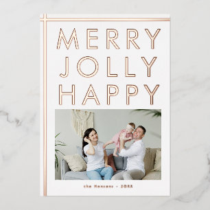 Merry Jolly Happy Family Photo Christmas Gold Foil Holiday Card
