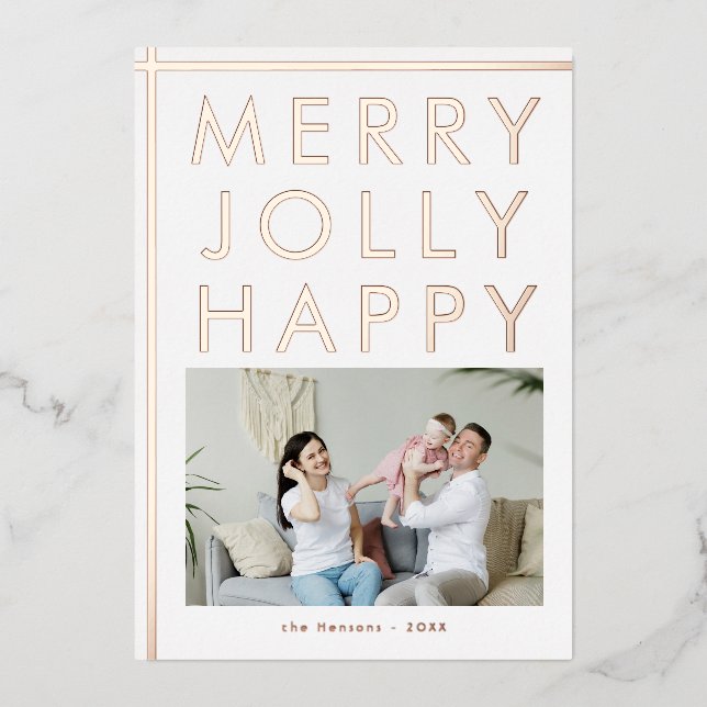 Merry Jolly Happy Family Photo Christmas Gold Foil Holiday Card (Front)