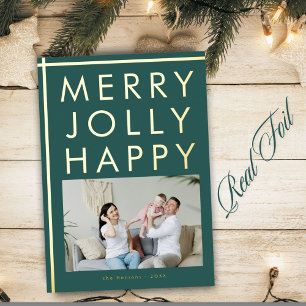 Merry Jolly Happy Family Photo Christmas Gold Foil Holiday Card