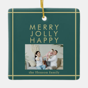 Merry Jolly Happy Family Photo Christmas Green Ceramic Ornament