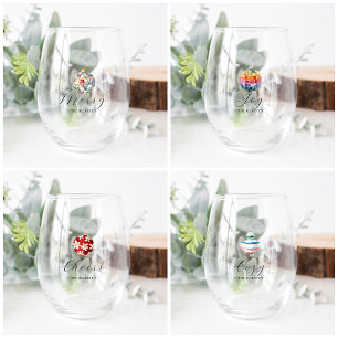 Merry, Joy, Cheers, Cozy Monogram Christmas Stemless Wine Glass