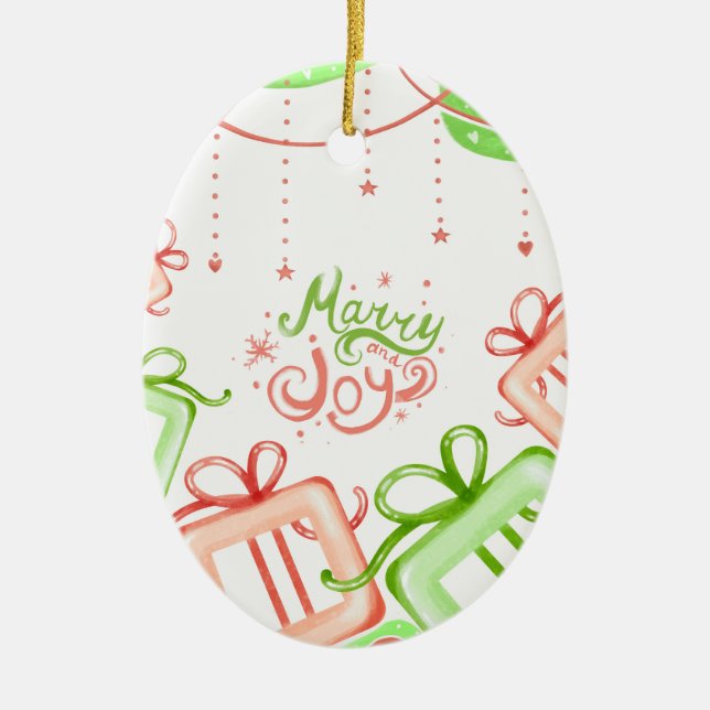Merry Joy Christmas Greetings with Gifts Design Ceramic Tree Decoration (Front)