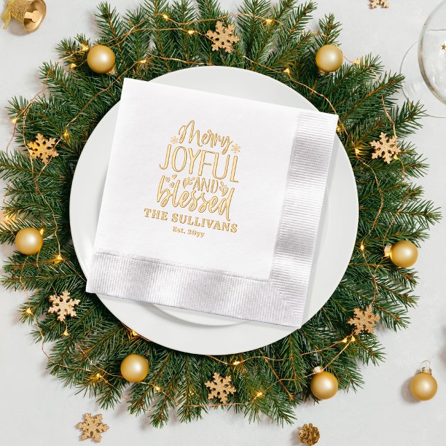 Merry Joyful and Blessed Family Name | Date Foil Napkins ("Merry, Joyful and Blessed" Family Name and Year Established Typography Stamped Foil Napkins)