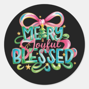 Merry Joyful Blessed Colorful Brushstroke Xmas Bow Classic Round Sticker