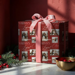 Merry Joyful Cheer Wavy Retro Modern Photo Collage Wrapping Paper