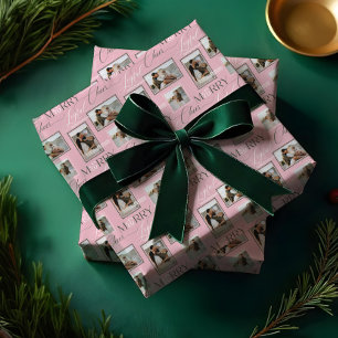 Merry Joyful Cheer Wavy Retro Modern Photo Collage Wrapping Paper