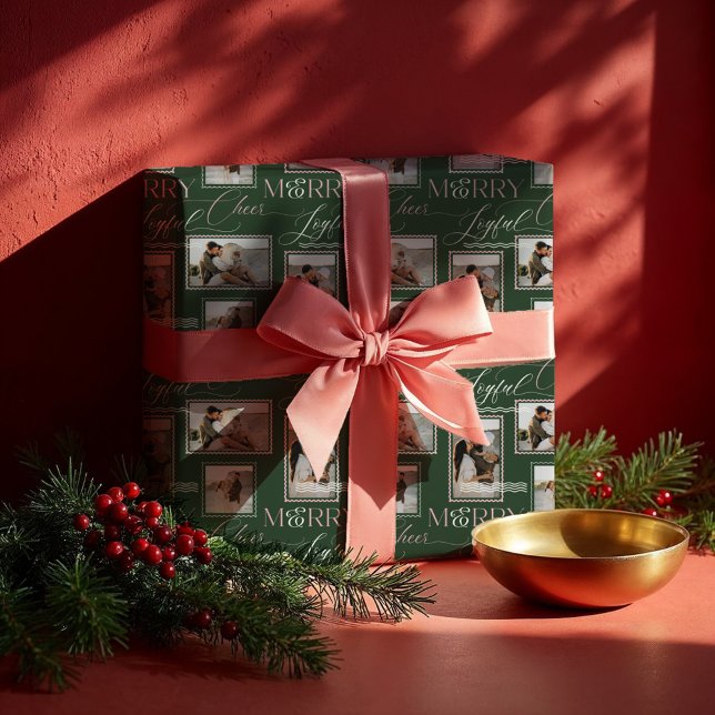 Merry Joyful Cheer Wavy Retro Modern Photo Collage Wrapping Paper (Merry Joyful Cheer Wavy Retro Modern Photo Collage Wrapping Paper)