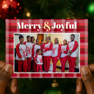Merry & Joyful Red Plaid Photo Christmas Holiday Card