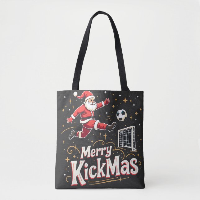 Merry Kickmas Funny Santa Claus Soccer Lovers Tote Bag (Front)