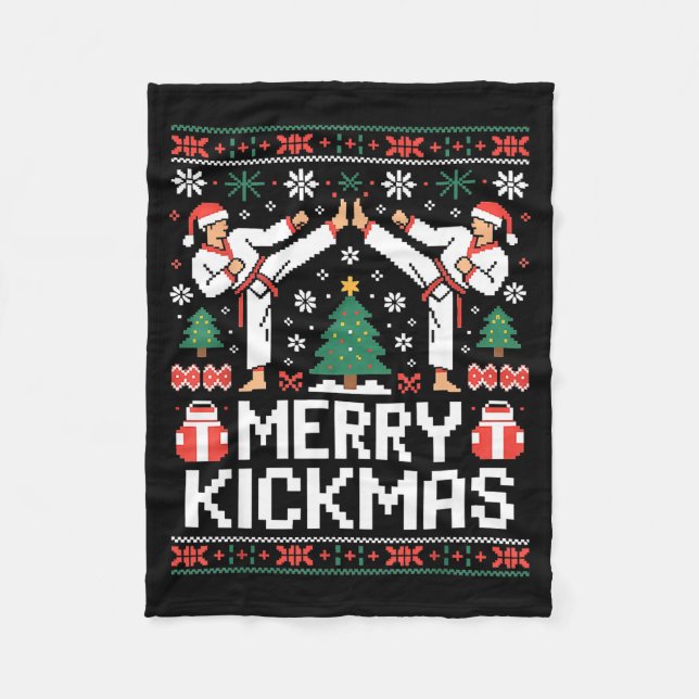 Merry Kickmas Karate Jiu Jitsu Ugly Christmas Desi Fleece Blanket (Front)
