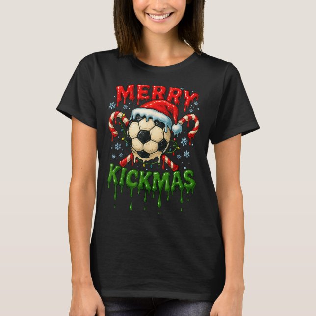 Merry Kickmas Soccer Christmas Candy Cane Ice Crea T-Shirt (Front)