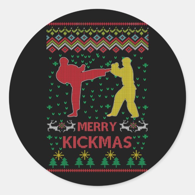 Merry Kickmas Ugly Christmas Karate Jiu Jitsu Classic Round Sticker (Front)