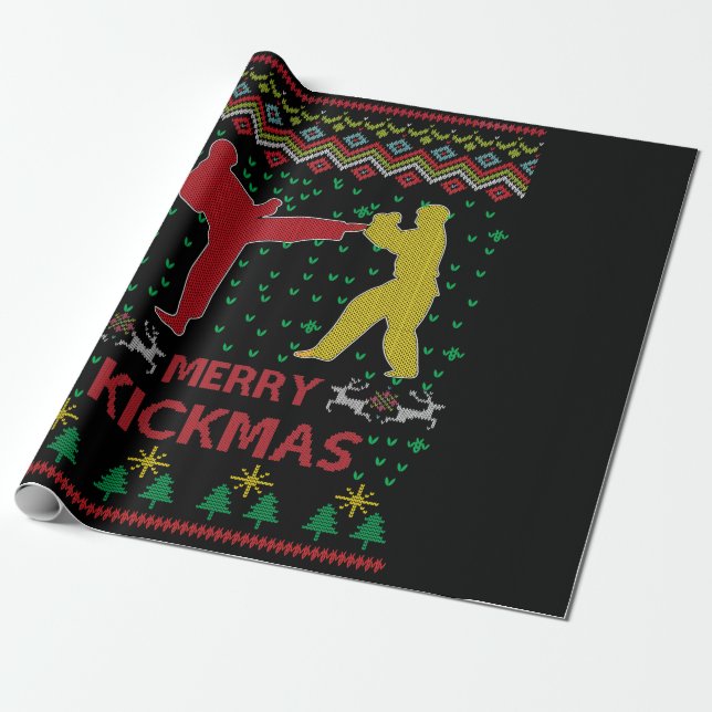 Merry Kickmas Ugly Christmas Karate Jiu Jitsu Wrapping Paper (Unrolled)