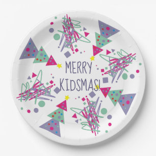 Merry Kidmas Christmas Teal Purple Pink Trees Kids Paper Plate