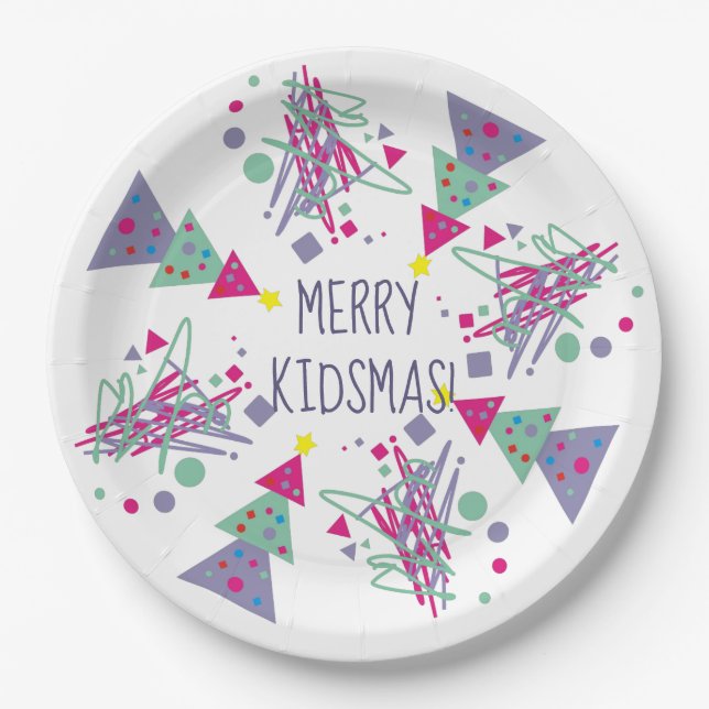 Merry Kidmas Christmas Teal Purple Pink Trees Kids Paper Plate (Front)